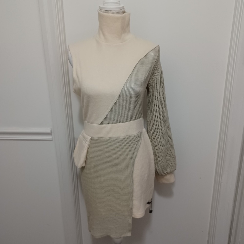 Ricki Brazil Womens Sz Lg One Shoulder Knit Net Sweater Mini Dress Cream Green